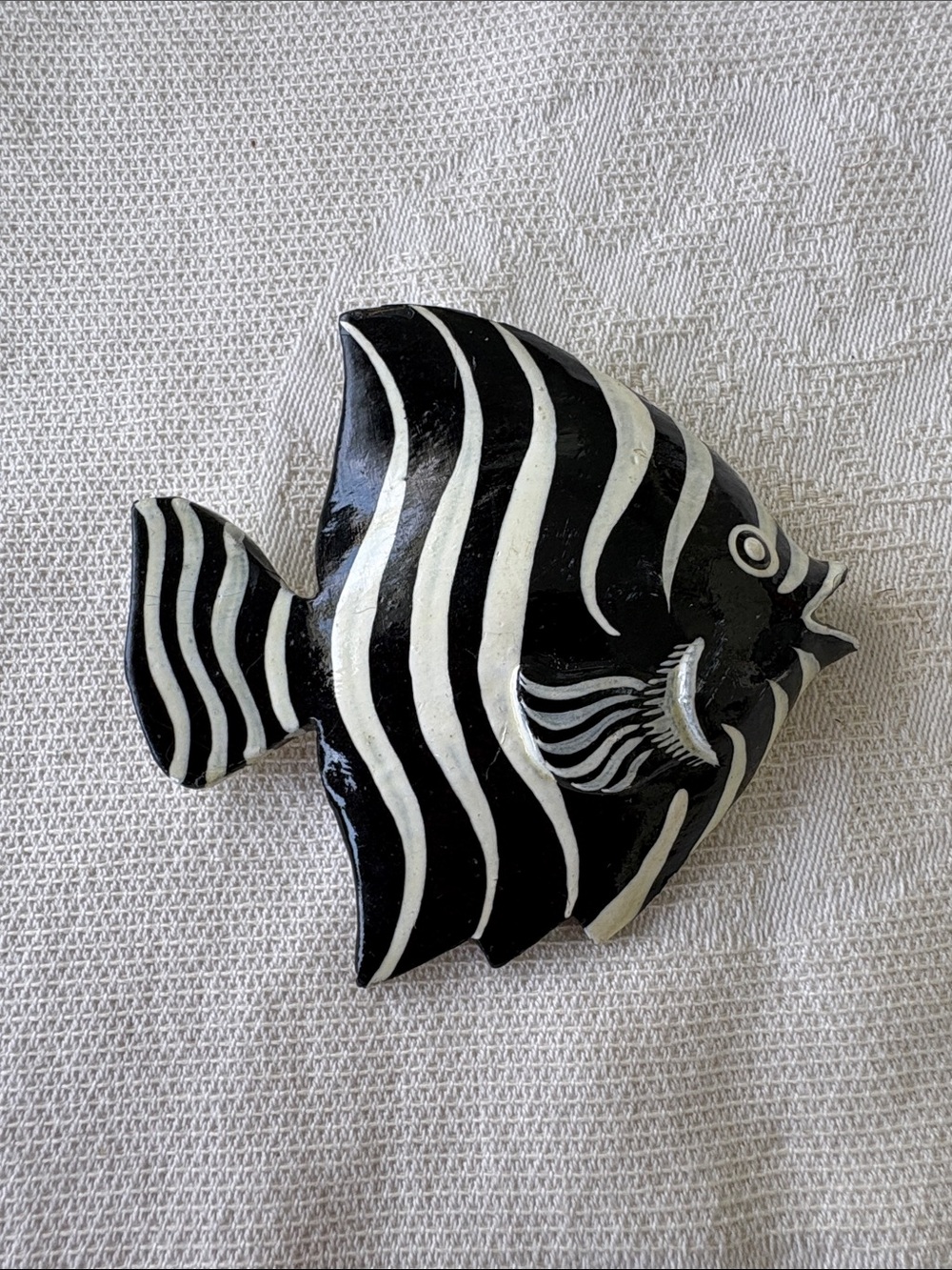 Vintage hand painted wooden black and white zebra striped anglefish pin brooch